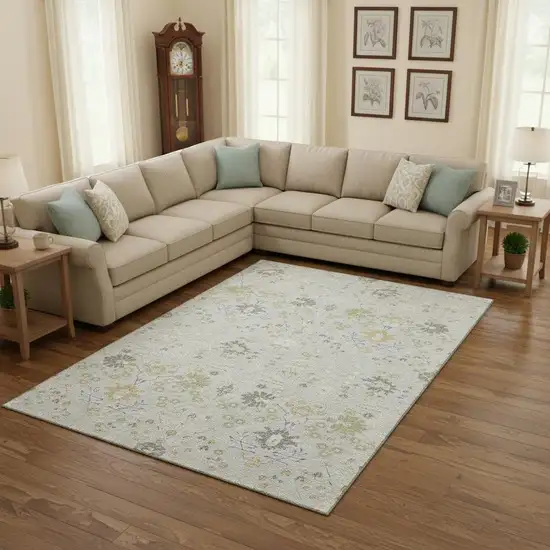 Silver Gold And Gray Oriental Washable Area Rug With UV Protection Photo 2