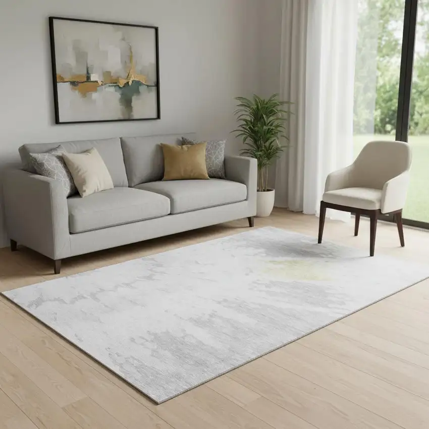 Silver Gold And Ivory Abstract Washable Area Rug With UV Protection Photo 1