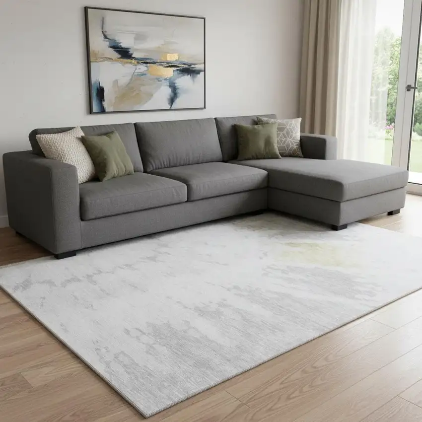 Silver Gold And Ivory Abstract Washable Area Rug With UV Protection Photo 1