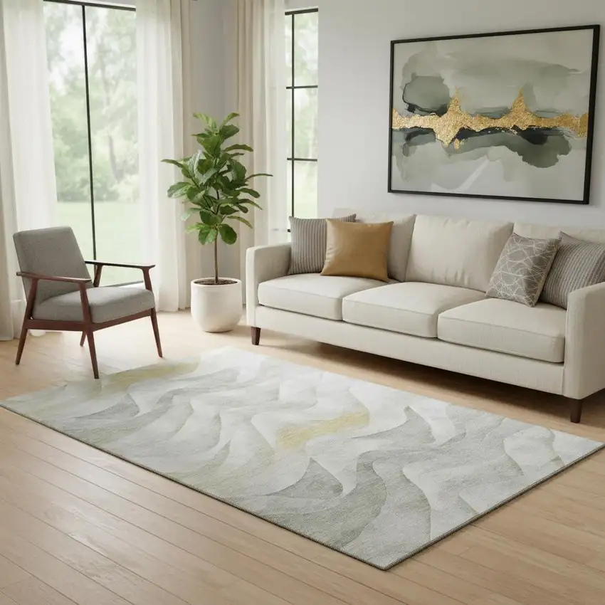 Silver Gold And Ivory Abstract Washable Area Rug With UV Protection Photo 2
