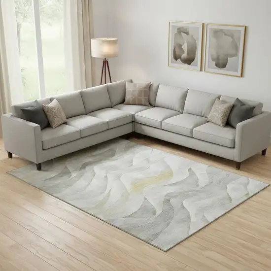 Silver Gold And Ivory Abstract Washable Area Rug With UV Protection Photo 2