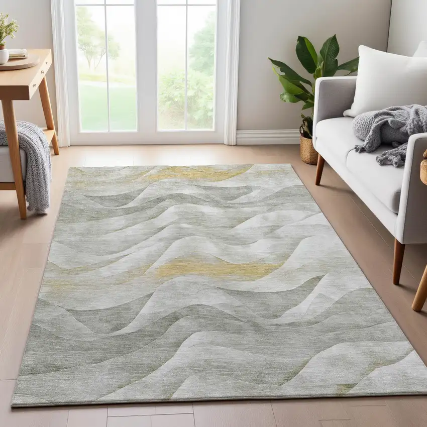 Silver Gold And Ivory Abstract Washable Area Rug With UV Protection Photo 5