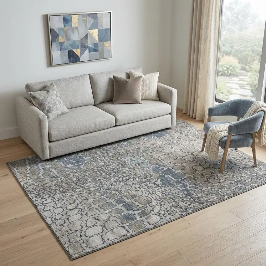 Silver Gray And Beige Abstract Geometric Washable Area Rug With UV Protection Photo 1