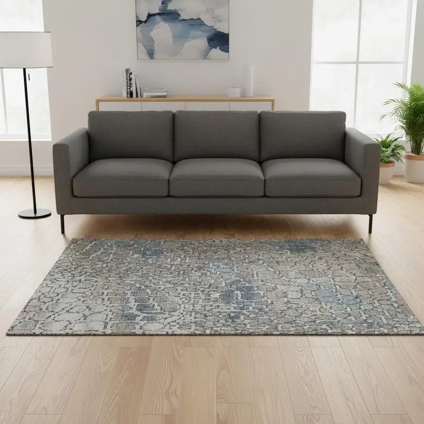 Silver Gray And Beige Abstract Geometric Washable Area Rug With UV Protection Photo 2