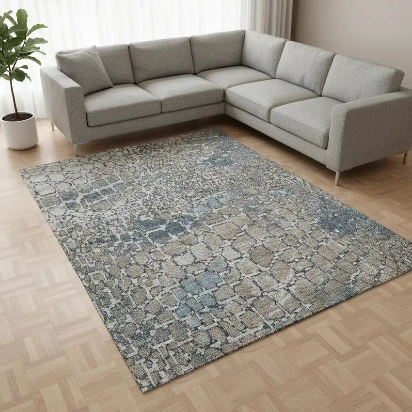 Silver Gray And Beige Abstract Geometric Washable Area Rug With UV Protection Photo 2