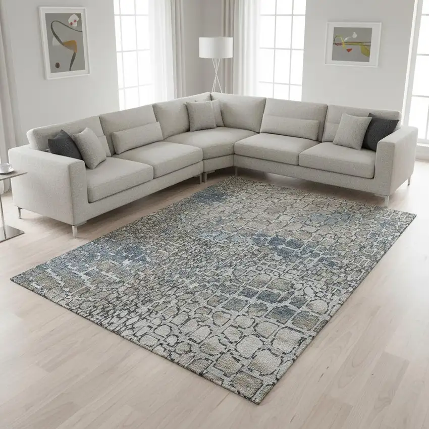 Silver Gray And Beige Abstract Geometric Washable Area Rug With UV Protection Photo 2