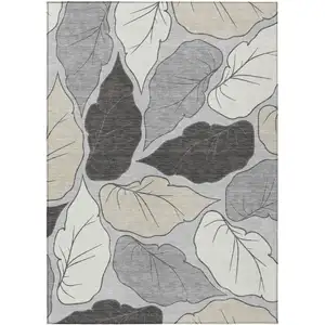 Photo of Silver Gray And Beige Botanical Leaves Washable Indoor Outdoor Area Rug