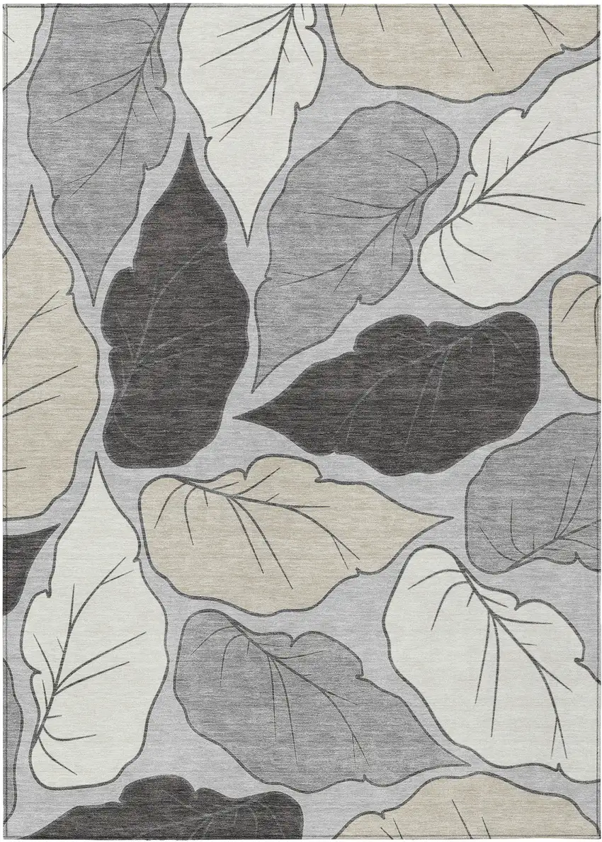 Silver Gray And Beige Botanical Leaves Washable Indoor Outdoor Area Rug Photo 2