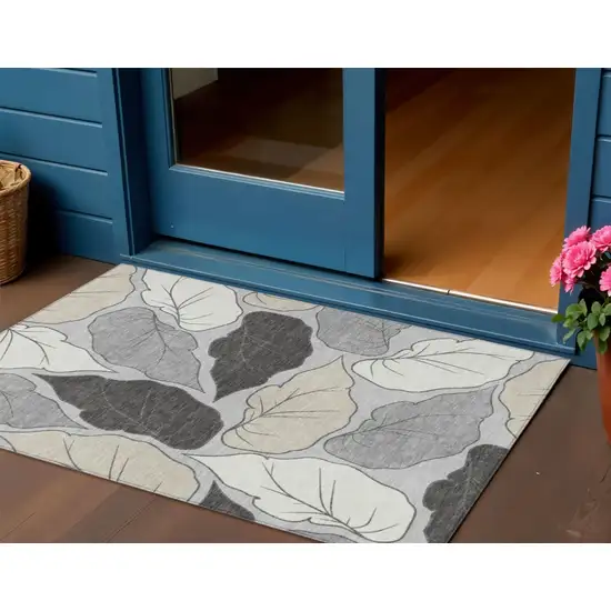 Silver Gray And Beige Botanical Leaves Washable Indoor Outdoor Area Rug Photo 1