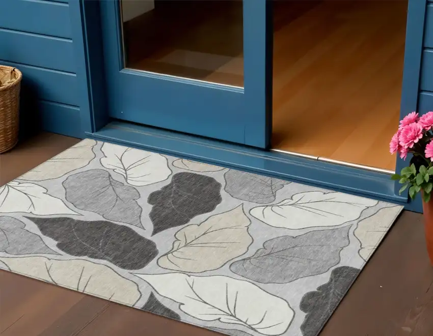 Silver Gray And Beige Botanical Leaves Washable Indoor Outdoor Area Rug Photo 1