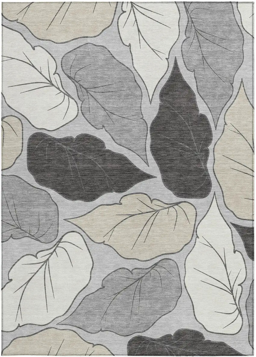 Silver Gray And Beige Botanical Leaves Washable Indoor Outdoor Area Rug Photo 4