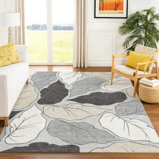 Silver Gray And Beige Botanical Leaves Washable Indoor Outdoor Area Rug Photo 9
