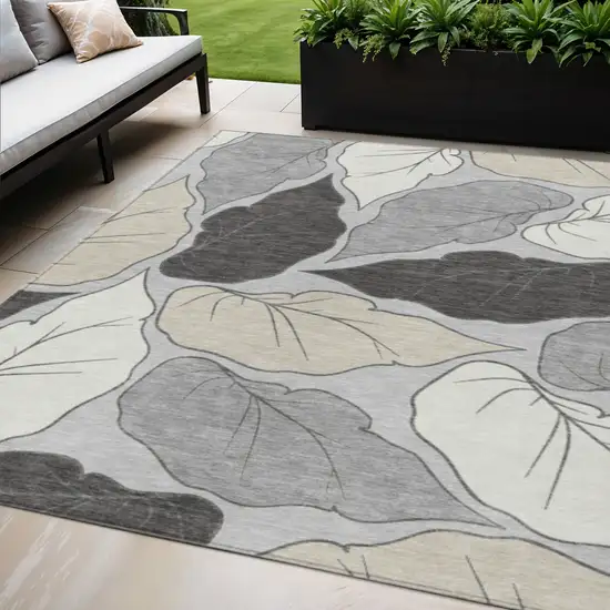 Silver Gray And Beige Botanical Leaves Washable Indoor Outdoor Area Rug Photo 1