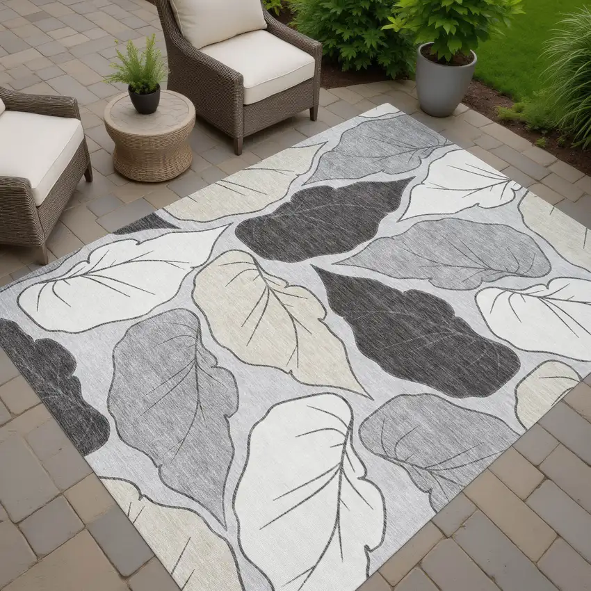 Silver Gray And Beige Botanical Leaves Washable Indoor Outdoor Area Rug Photo 8