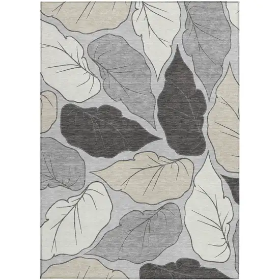 Silver Gray And Beige Botanical Leaves Washable Indoor Outdoor Area Rug Photo 4