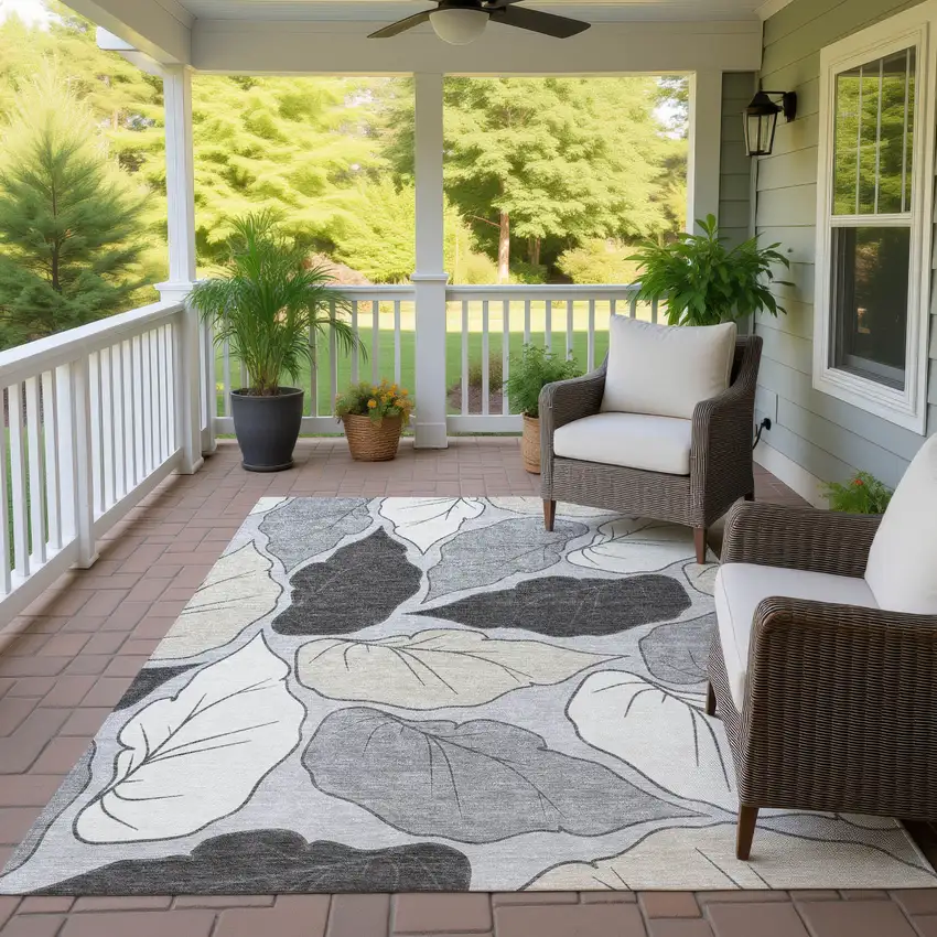 Silver Gray And Beige Botanical Leaves Washable Indoor Outdoor Area Rug Photo 9