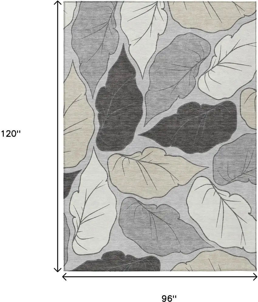 Silver Gray And Beige Botanical Leaves Washable Indoor Outdoor Area Rug Photo 3