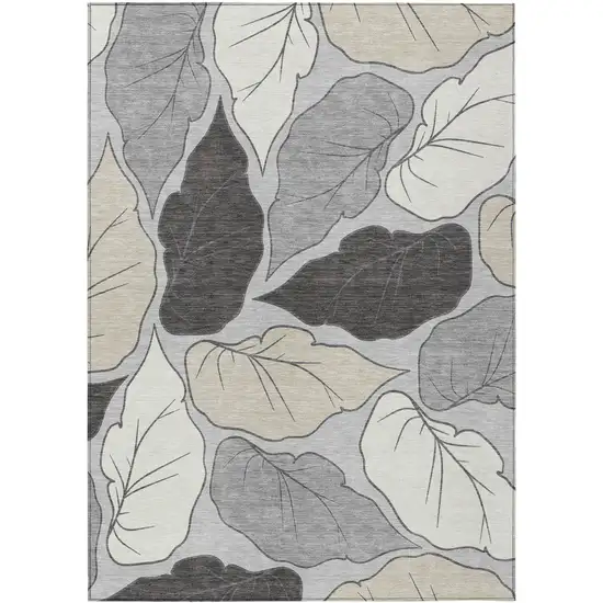 Silver Gray And Beige Botanical Leaves Washable Indoor Outdoor Area Rug Photo 2