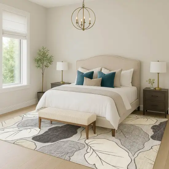 Silver Gray And Beige Botanical Leaves Washable Indoor Outdoor Area Rug Photo 8