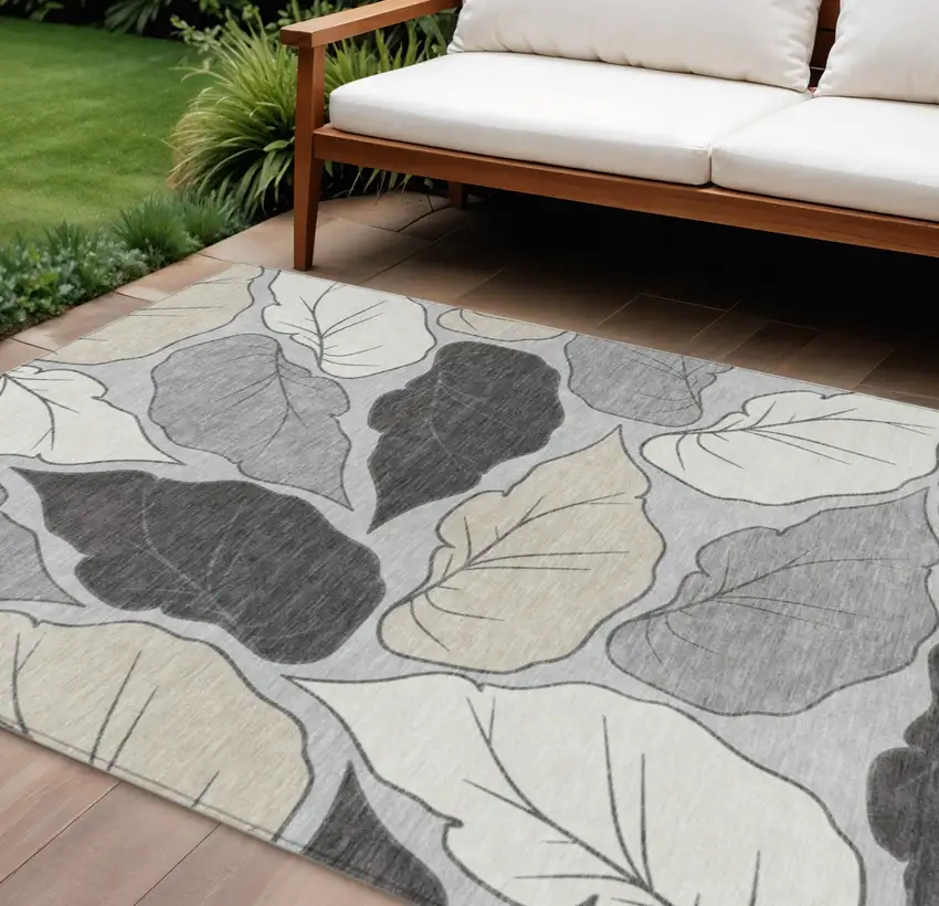 Silver Gray And Beige Botanical Leaves Washable Indoor Outdoor Area Rug Photo 1