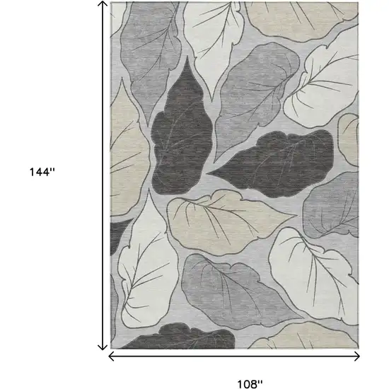 Silver Gray And Beige Botanical Leaves Washable Indoor Outdoor Area Rug Photo 3