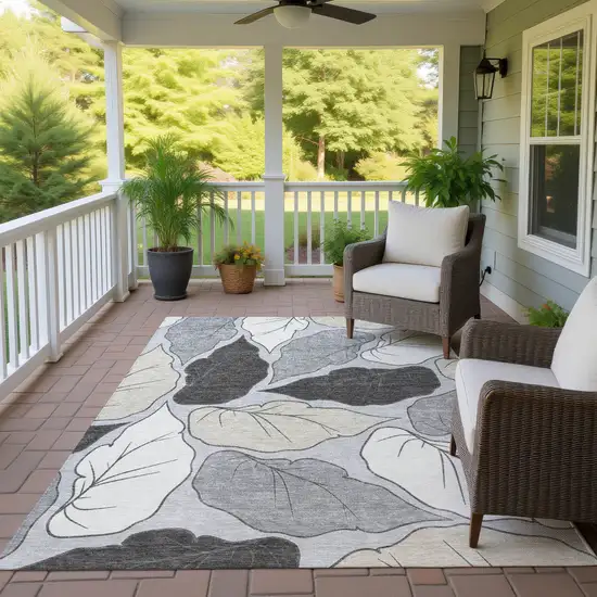 Silver Gray And Beige Botanical Leaves Washable Indoor Outdoor Area Rug Photo 9