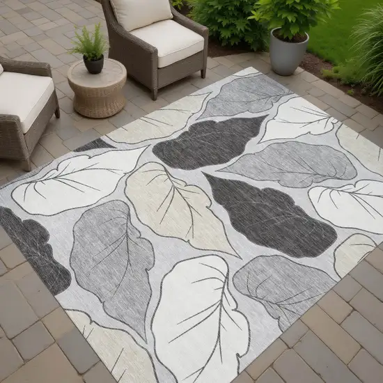 Silver Gray And Beige Botanical Leaves Washable Indoor Outdoor Area Rug Photo 8