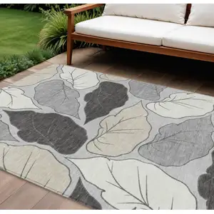 Photo of Silver Gray And Beige Botanical Leaves Washable Indoor Outdoor Area Rug