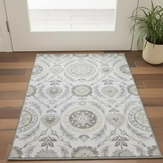 Silver Gray And Beige Floral Washable Area Rug With UV Protection Photo 2