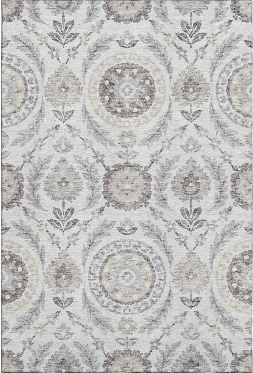 Silver Gray And Beige Floral Washable Area Rug With UV Protection Photo 1