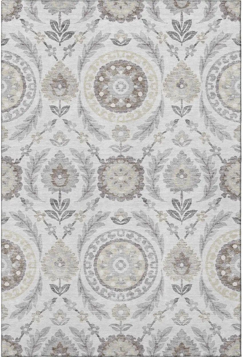 Silver Gray And Beige Floral Washable Area Rug With UV Protection Photo 4