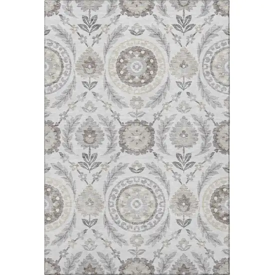 Silver Gray And Beige Floral Washable Area Rug With UV Protection Photo 4