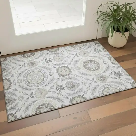 Silver Gray And Beige Floral Washable Area Rug With UV Protection Photo 1