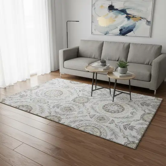 Silver Gray And Beige Floral Washable Area Rug With UV Protection Photo 2