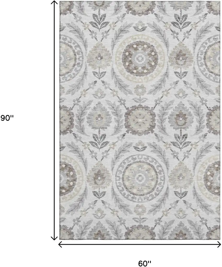 Silver Gray And Beige Floral Washable Area Rug With UV Protection Photo 3