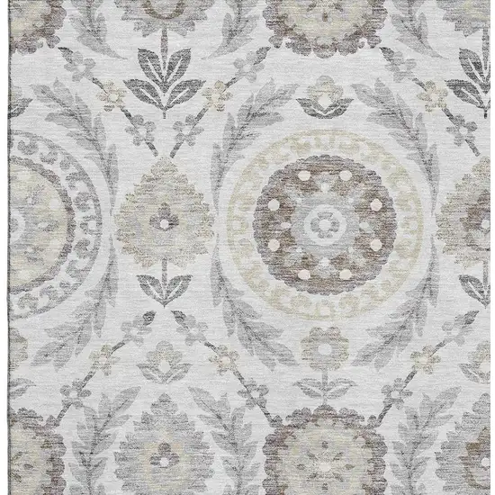 Silver Gray And Beige Floral Washable Area Rug With UV Protection Photo 3