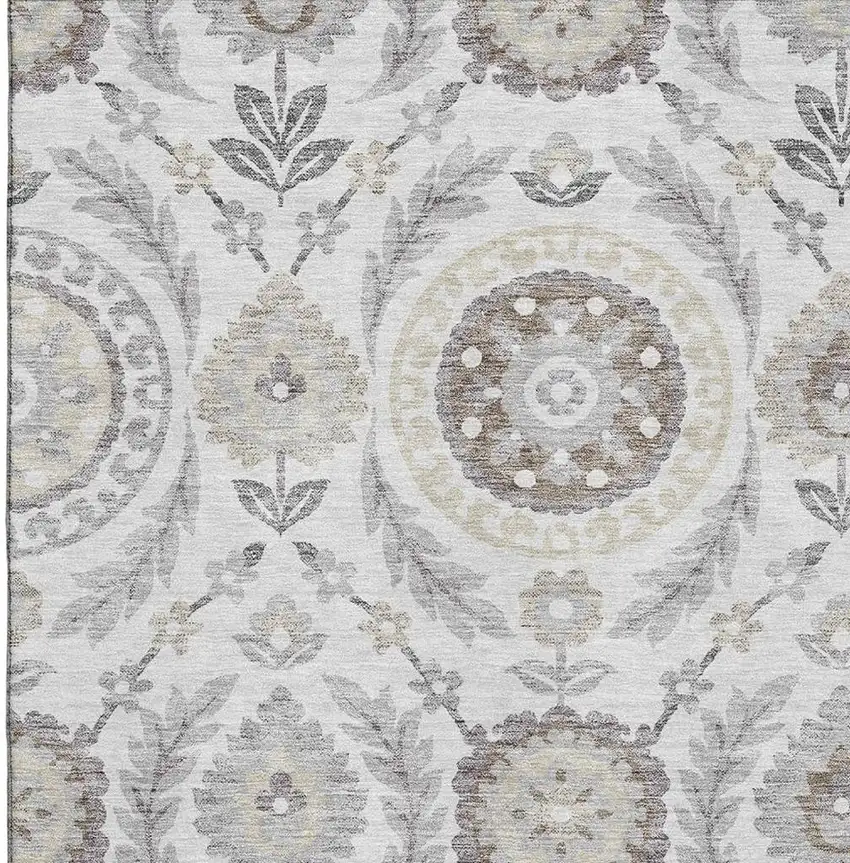 Silver Gray And Beige Floral Washable Area Rug With UV Protection Photo 3