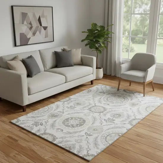 Silver Gray And Beige Floral Washable Area Rug With UV Protection Photo 1