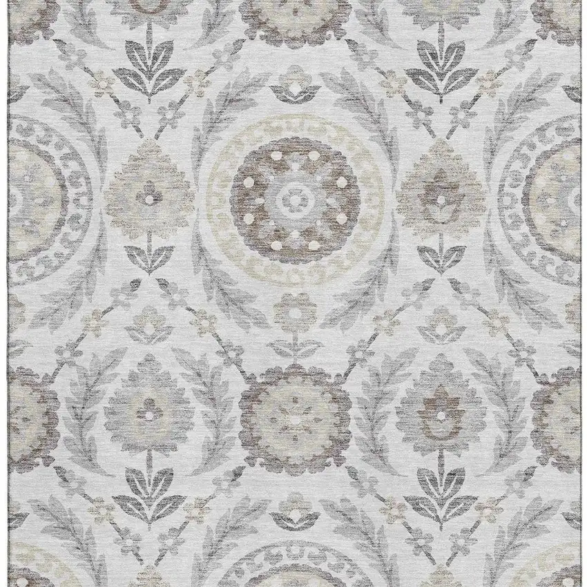 Silver Gray And Beige Floral Washable Area Rug With UV Protection Photo 4