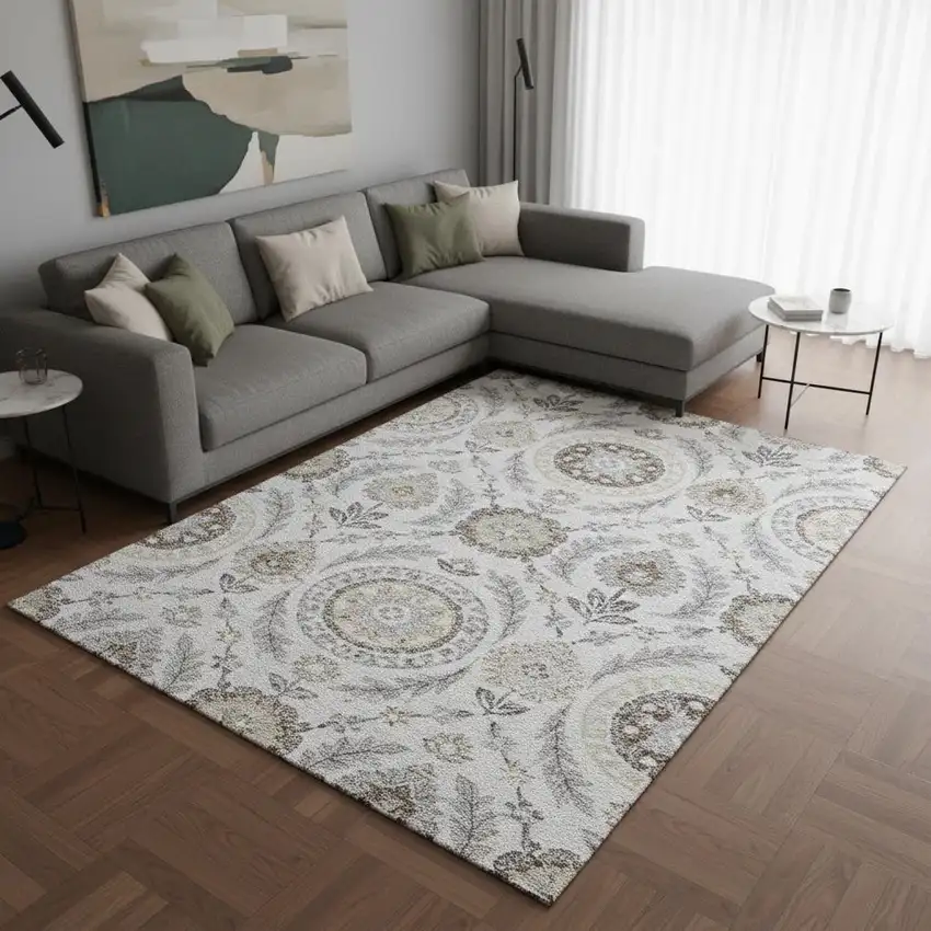 Silver Gray And Beige Floral Washable Area Rug With UV Protection Photo 2