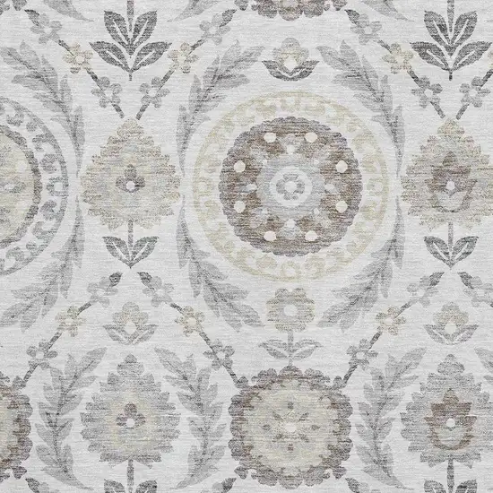 Silver Gray And Beige Floral Washable Area Rug With UV Protection Photo 3