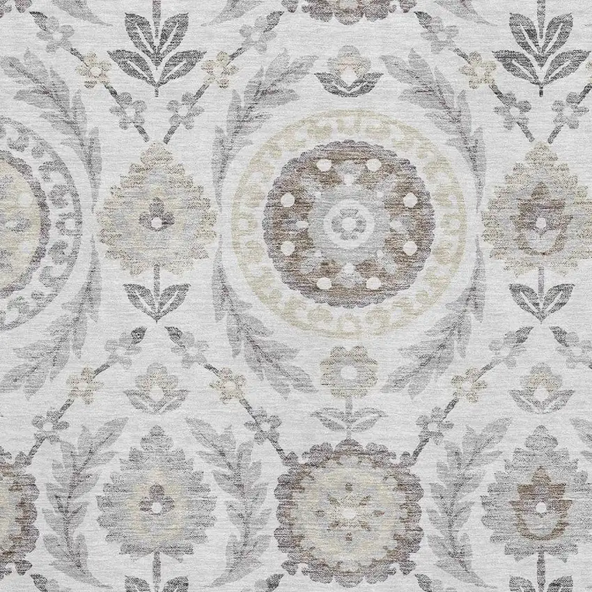 Silver Gray And Beige Floral Washable Area Rug With UV Protection Photo 3