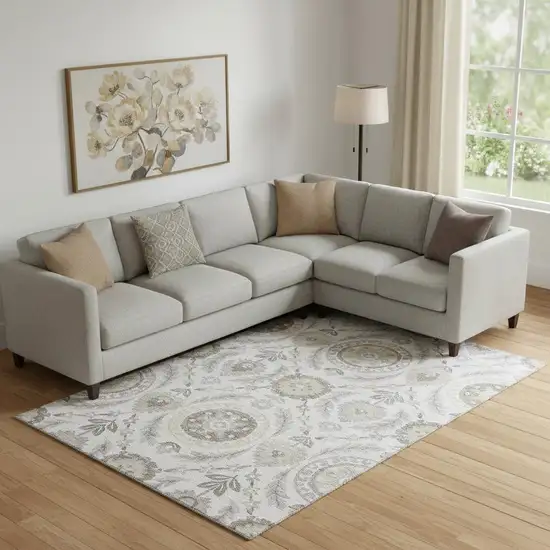 Silver Gray And Beige Floral Washable Area Rug With UV Protection Photo 1