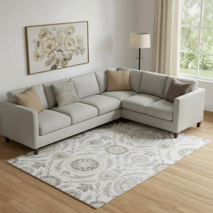 Silver Gray And Beige Floral Washable Area Rug With UV Protection Photo 1