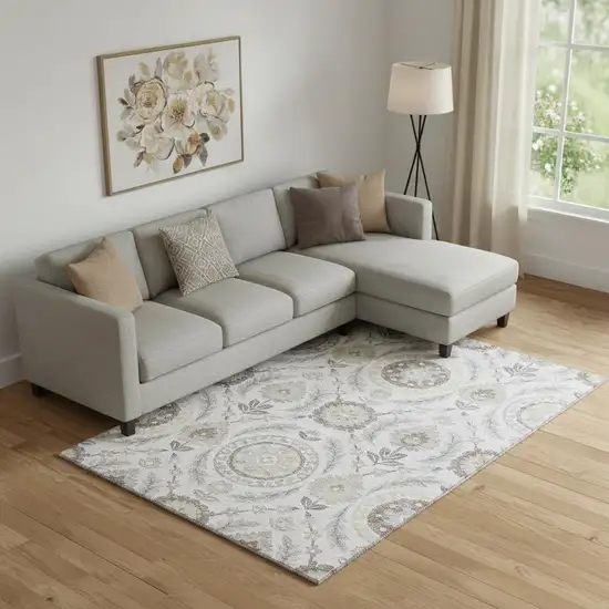 Silver Gray And Beige Floral Washable Area Rug With UV Protection Photo 1