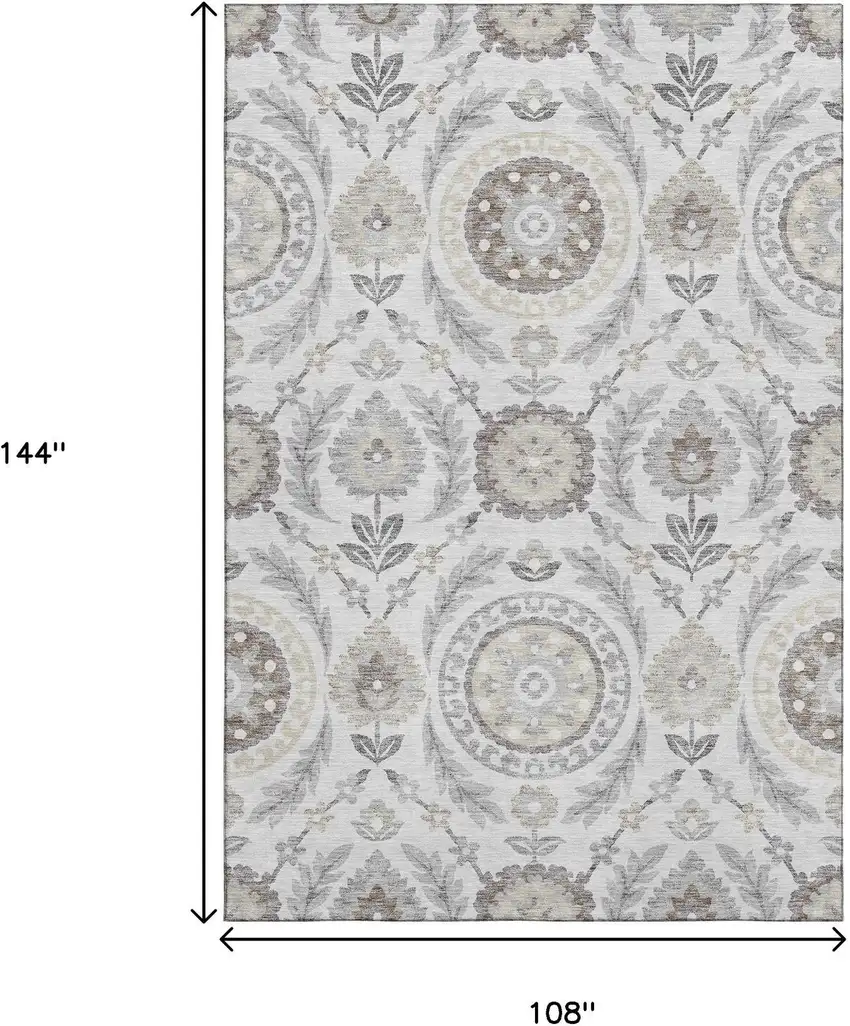 Silver Gray And Beige Floral Washable Area Rug With UV Protection Photo 3