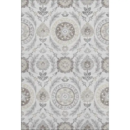 Silver Gray And Beige Floral Washable Area Rug With UV Protection Photo 1