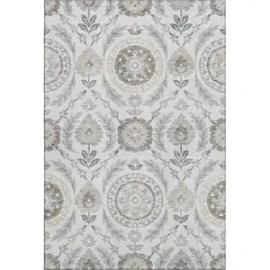 Photo of Silver Gray And Beige Floral Washable Area Rug With UV Protection