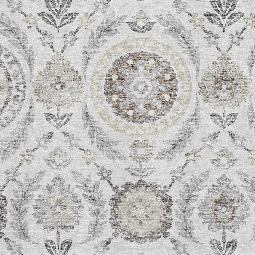 Silver Gray And Beige Floral Washable Area Rug With UV Protection Photo 3