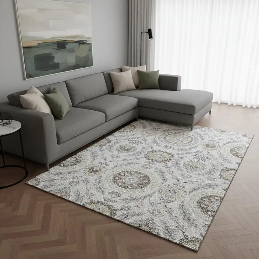 Silver Gray And Beige Floral Washable Area Rug With UV Protection Photo 2